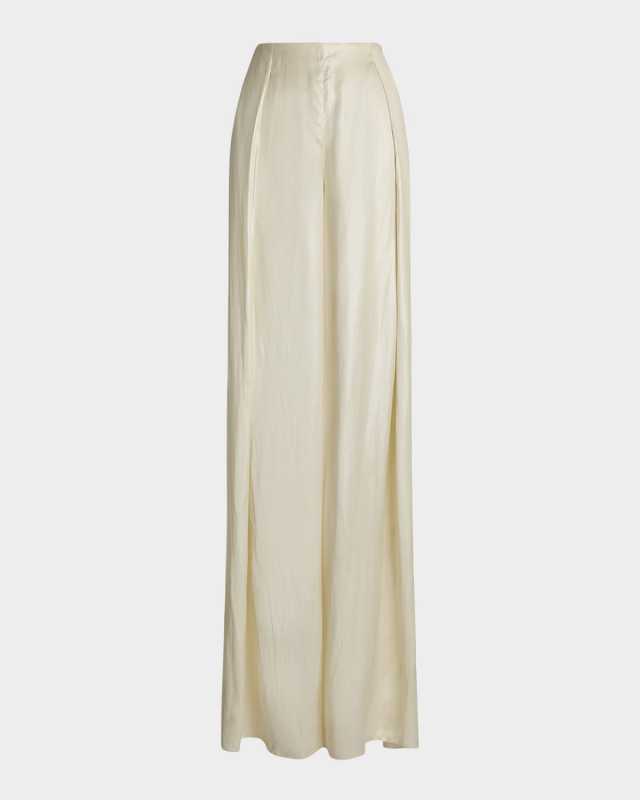 Kenzie Pleated Wide-Leg Technical Glossy Charmeuse Pants